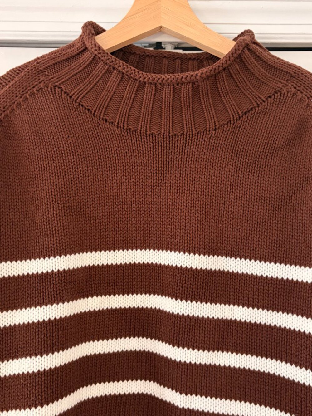 J Crew 2025 Rollneck Sweater Brown White Stripe Striped 100% Cotton Size L - Picture 4 of 6